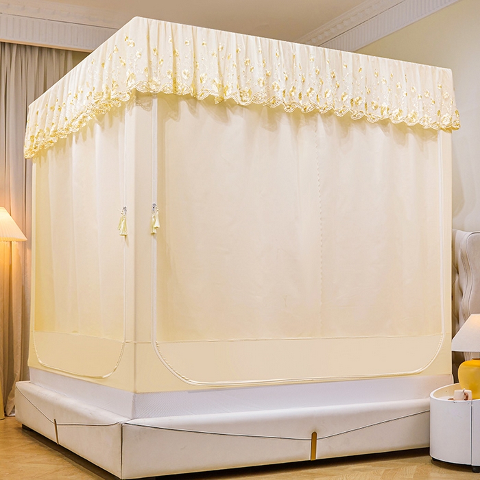 91家纺网 家纺一手货源 找家纺 艾晶美家纺有限公司 2025新款坐式刺绣床帘蚊帐 奶黄色