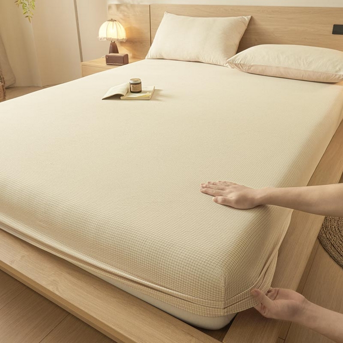 91家纺网 家纺一手货源 找家纺 ab家纺 2025新款简约色织水洗棉床笠 可颂-黄