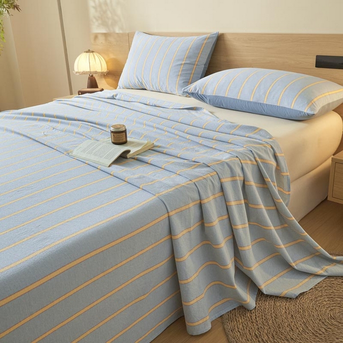 91家纺网 家纺一手货源 找家纺 ab家纺 2025新款简约色织水洗棉床单 弗兰西-蓝