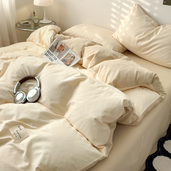 91家纺网 家纺一手货源 找家纺 曼之夏 2025新款全棉双拼四件套 贴标-米色+浅驼