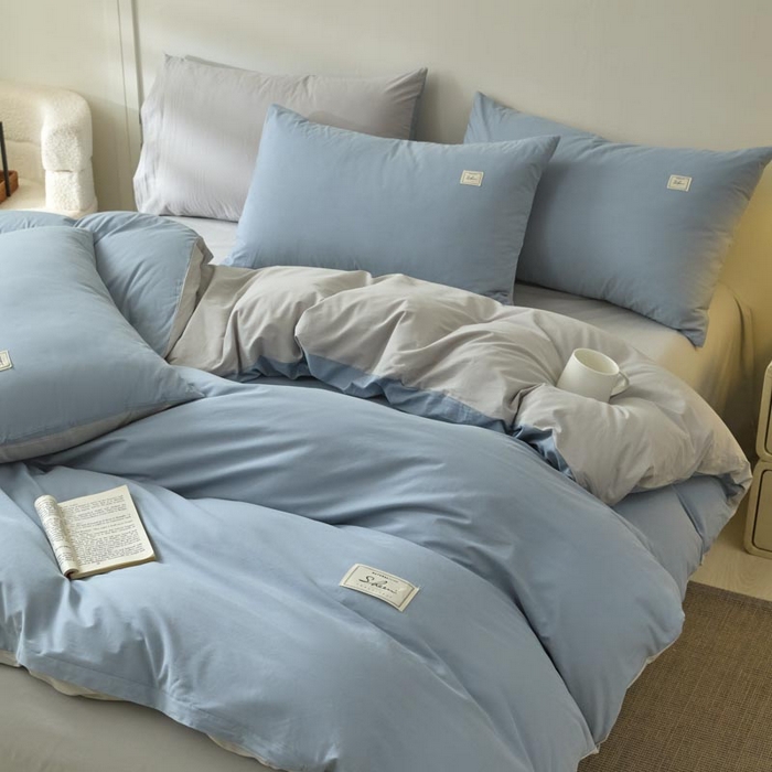 91家纺网 家纺一手货源 找家纺 ab家纺 2025新款色织全棉40支水洗棉四件套--双拼第二组 浅蓝灰