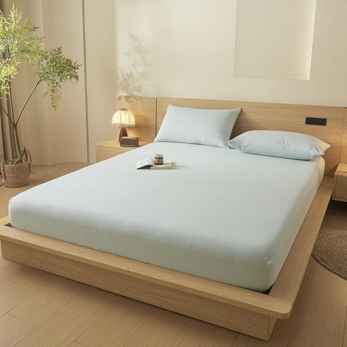 91家纺网 家纺一手货源 找家纺 ab家纺 2025新款简约色织水洗棉床笠 可颂-蓝