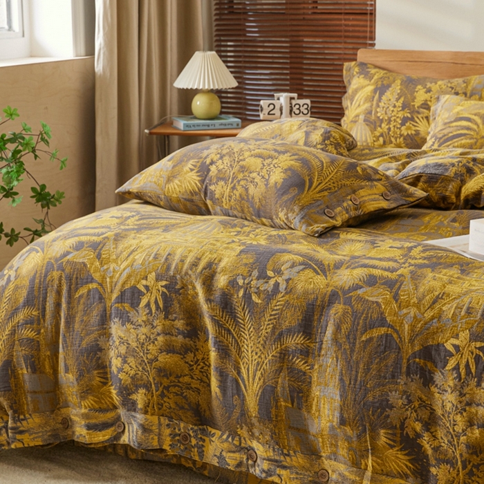 91家纺网 家纺一手货源 找家纺 鲁爱 2025新款全棉色织双层纱纽扣款四件套 玉树琼林-灰黄