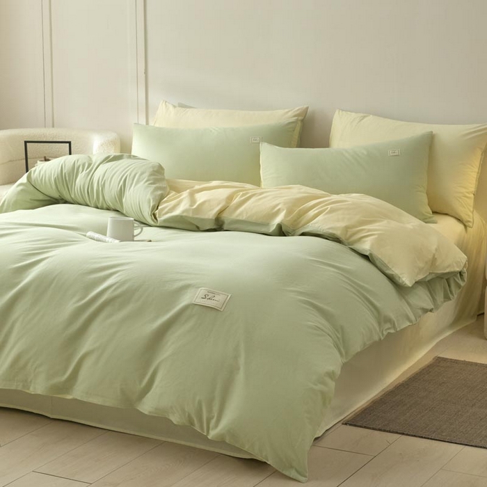 91家纺网 家纺一手货源 找家纺 ab家纺 2025新款色织全棉40支水洗棉四件套--双拼第二组 橄榄绿杏黄