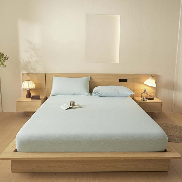 91家纺网 家纺一手货源 找家纺 ab家纺 2025新款简约色织水洗棉床笠 可颂-蓝