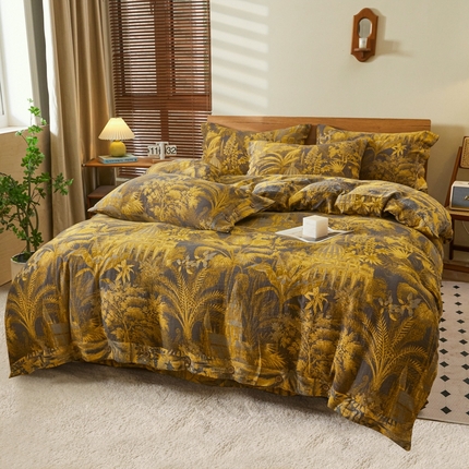 鲁爱 2025新款全棉色织双层纱纽扣款四件套 玉树琼林-灰黄