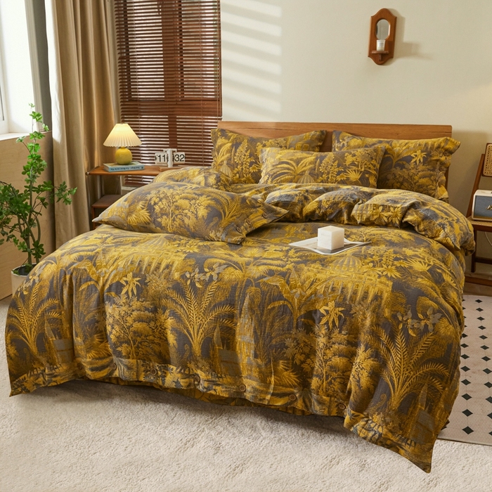 91家纺网 家纺一手货源 找家纺 鲁爱 2025新款全棉色织双层纱纽扣款四件套 玉树琼林-灰黄