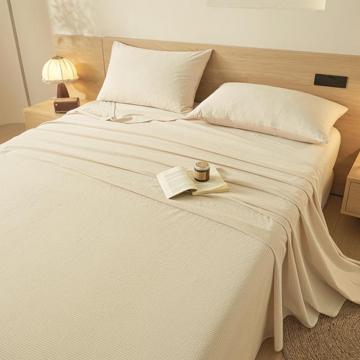 91家纺网 家纺一手货源 找家纺 ab家纺 2025新款简约色织水洗棉床单 可颂-黄