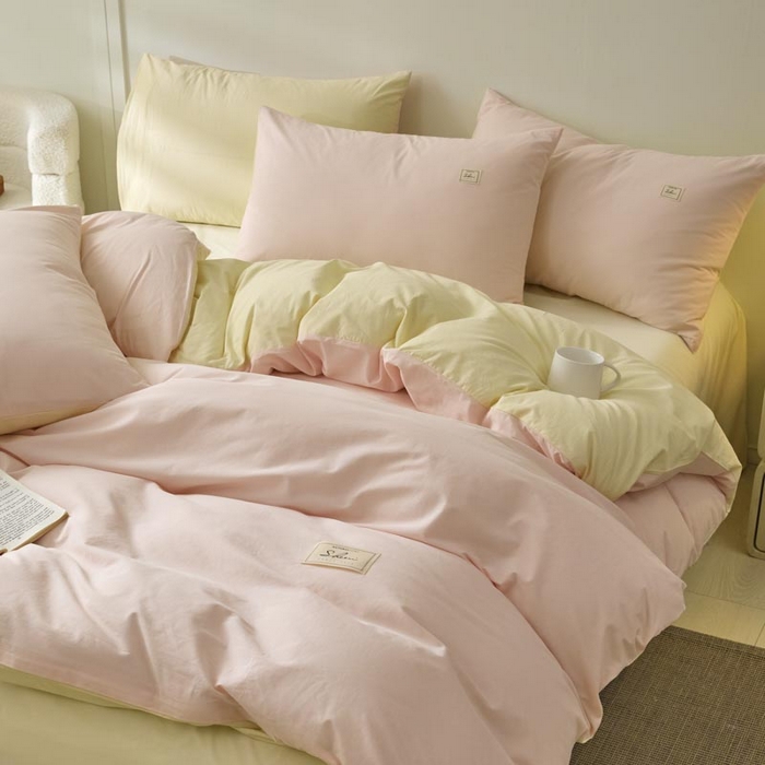 91家纺网 家纺一手货源 找家纺 ab家纺 2025新款色织全棉40支水洗棉四件套--双拼第二组 微微粉杏黄