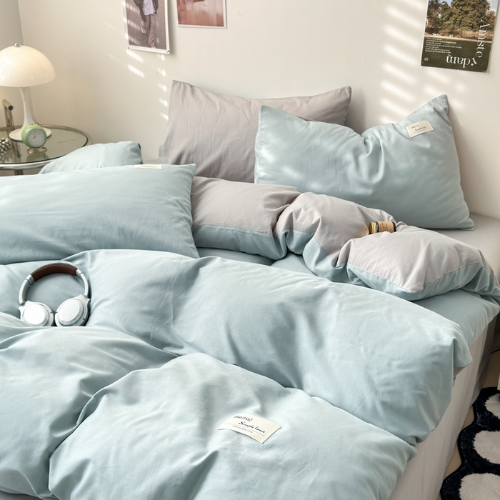 91家纺网 家纺一手货源 找家纺 曼之夏 2025新款全棉双拼四件套 贴标-水兰+米灰