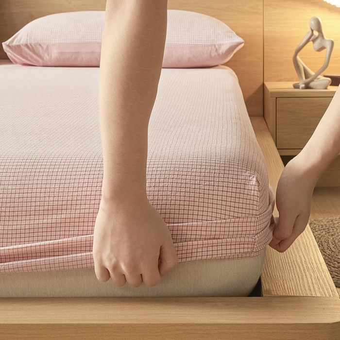 91家纺网 家纺一手货源 找家纺 ab家纺 2025新款简约色织水洗棉床笠 可颂-粉