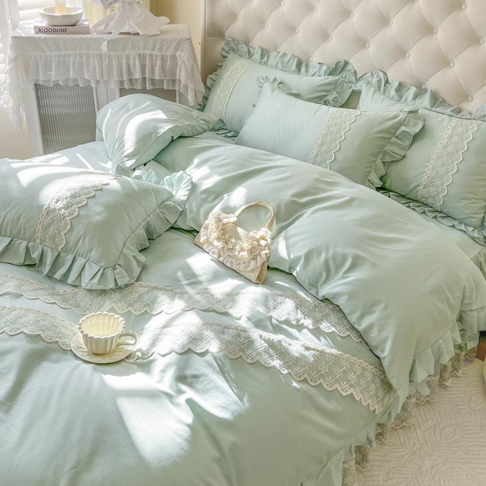 91家纺网 家纺一手货源 找家纺 恋尚 2025新款60贡缎长绒棉床笠裙款四件套-赫朵 赫朵 香草绿