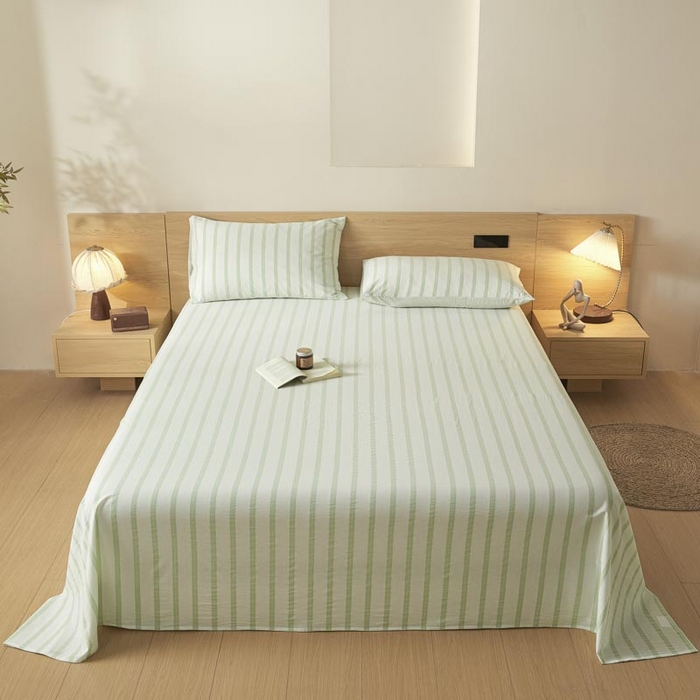 91家纺网 家纺一手货源 找家纺 ab家纺 2025新款简约色织水洗棉床单 平行线-绿