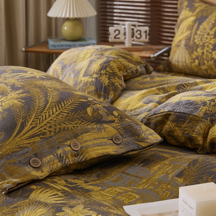 91家纺网 家纺一手货源 找家纺 鲁爱 2025新款全棉色织双层纱纽扣款四件套 玉树琼林-灰黄