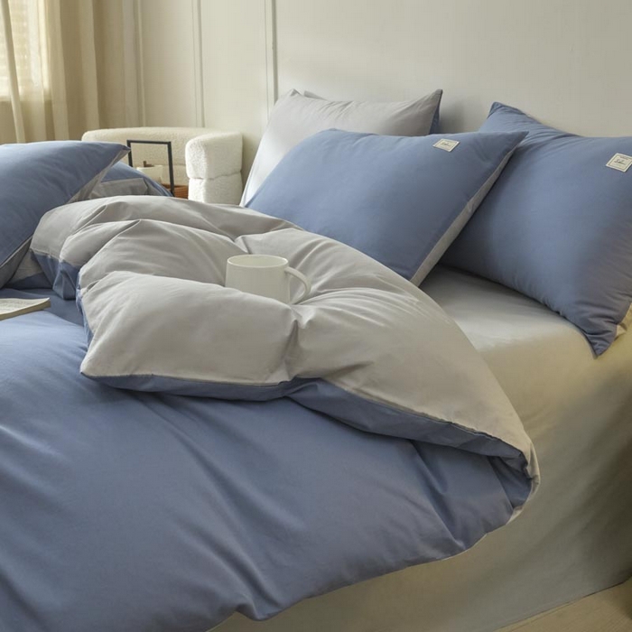 91家纺网 家纺一手货源 找家纺 ab家纺 2025新款色织全棉40支水洗棉四件套--双拼第二组 宾利蓝浅灰