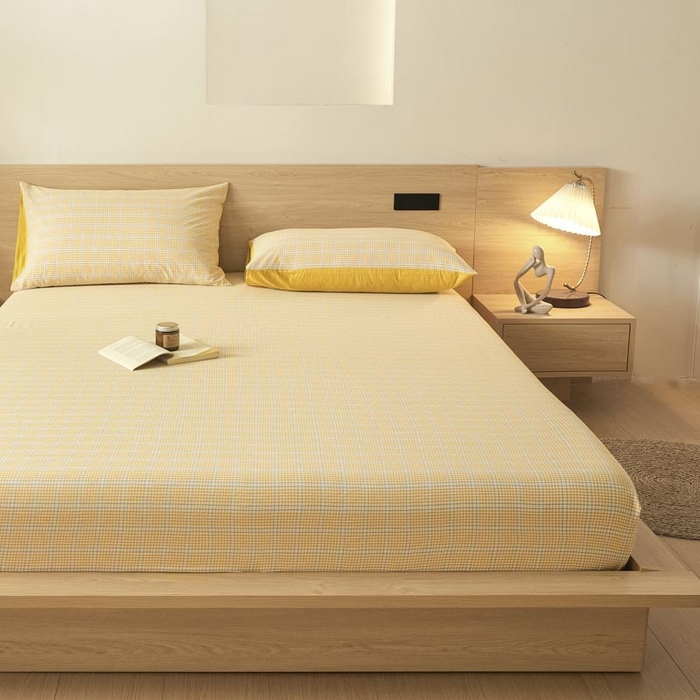 91家纺网 家纺一手货源 找家纺 ab家纺 2025新款简约色织水洗棉床笠 芙卡格-黄