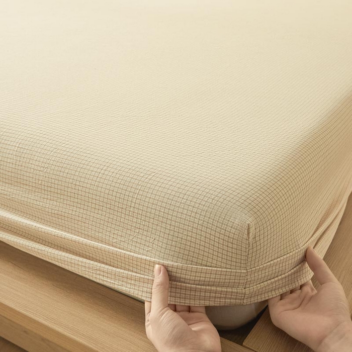 91家纺网 家纺一手货源 找家纺 ab家纺 2025新款简约色织水洗棉床笠 可颂-黄