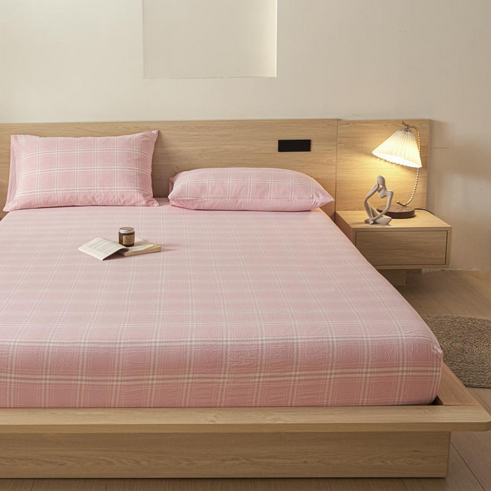 91家纺网 家纺一手货源 找家纺 ab家纺 2025新款简约色织水洗棉床笠 希格文-粉