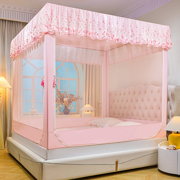 91家纺网 家纺一手货源 找家纺 艾晶美家纺有限公司 2025新款坐式刺绣床帘蚊帐 樱花粉