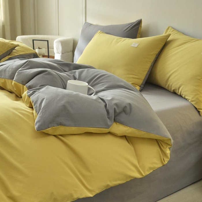 91家纺网 家纺一手货源 找家纺 ab家纺 2025新款色织全棉40支水洗棉四件套--双拼第二组 姜黄深灰