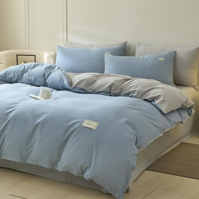 91家纺网 家纺一手货源 找家纺 ab家纺 2025新款色织全棉40支水洗棉四件套--双拼第二组 浅蓝灰