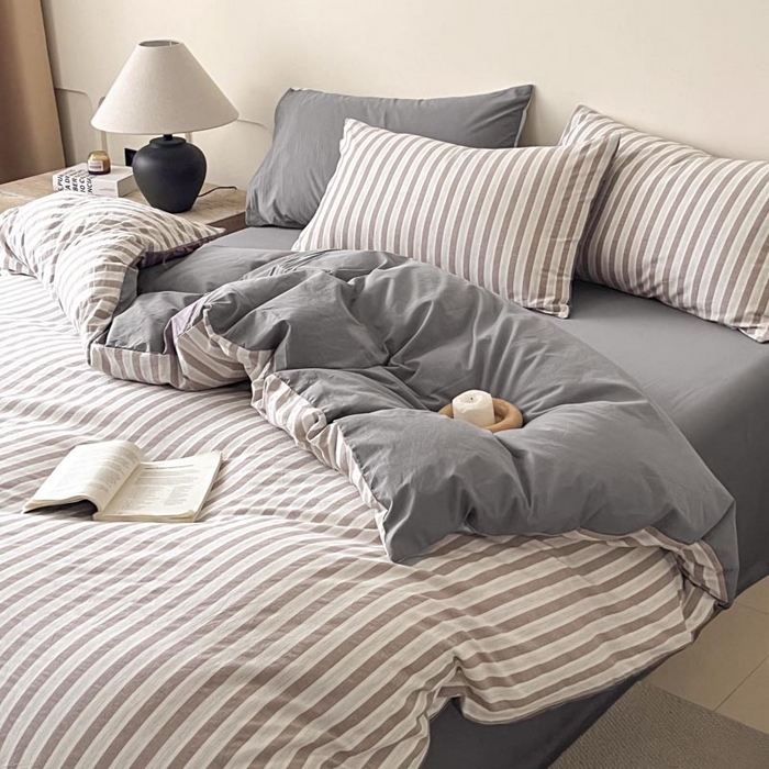 91家纺网 家纺一手货源 找家纺 ab家纺 2024新款色织全棉40支水洗棉条纹四件套  天竺棉 稀咖