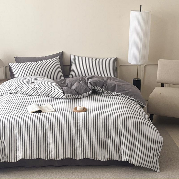 91家纺网 家纺一手货源 找家纺 ab家纺 2024新款色织全棉40支水洗棉条纹四件套  优岸-灰