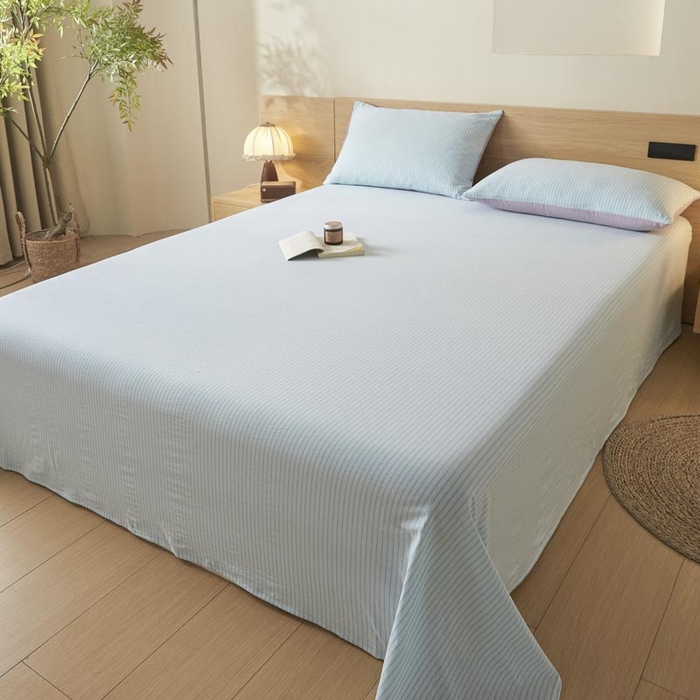 91家纺网 家纺一手货源 找家纺 ab家纺 2025新款简约色织水洗棉床单 余晖-蓝紫