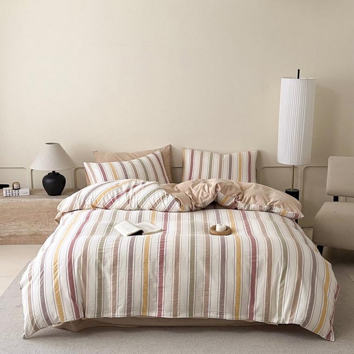 91家纺网 家纺一手货源 找家纺 ab家纺 2024新款色织全棉40支水洗棉条纹四件套  里威 五彩条