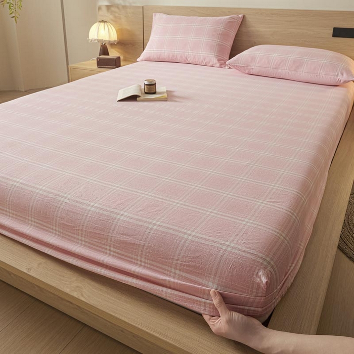 91家纺网 家纺一手货源 找家纺 ab家纺 2025新款简约色织水洗棉床笠 希格文-粉