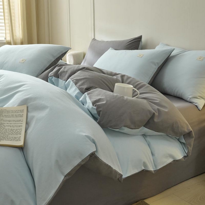 91家纺网 家纺一手货源 找家纺 ab家纺 2025新款色织全棉40支水洗棉四件套--双拼第二组 天空蓝深灰
