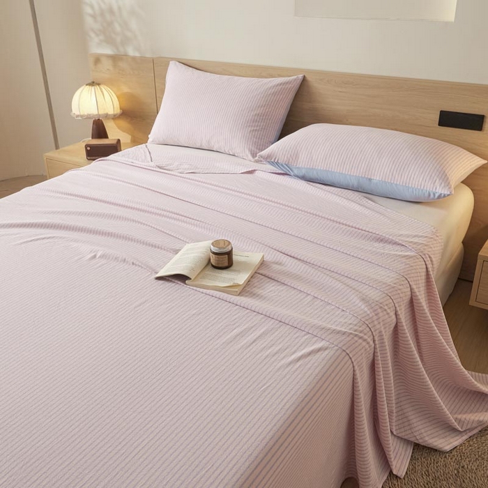 91家纺网 家纺一手货源 找家纺 ab家纺 2025新款简约色织水洗棉床单 余晖-粉蓝