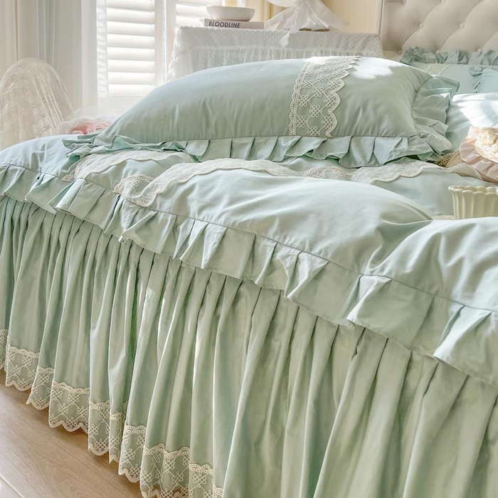 91家纺网 家纺一手货源 找家纺 恋尚 2025新款60贡缎长绒棉床笠裙款四件套-赫朵 赫朵 香草绿