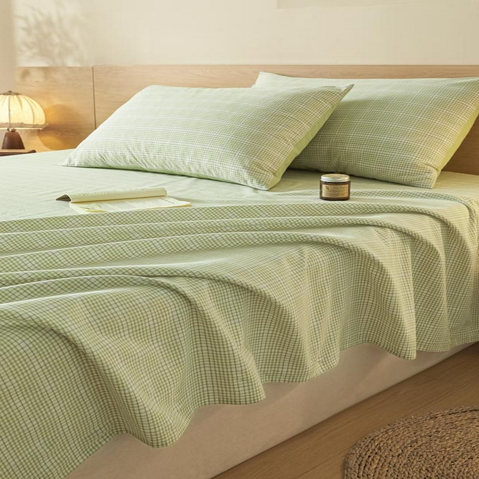 91家纺网 家纺一手货源 找家纺 ab家纺 2025新款简约色织水洗棉床单 可颂-绿