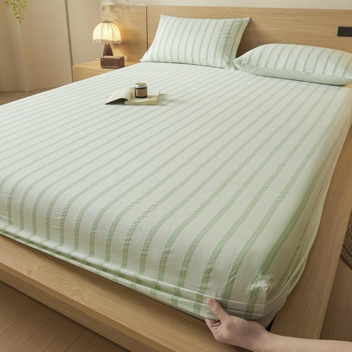 91家纺网 家纺一手货源 找家纺 ab家纺 2025新款简约色织水洗棉床笠 平行线-绿