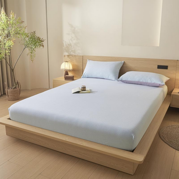 91家纺网 家纺一手货源 找家纺 ab家纺 2025新款简约色织水洗棉床笠 余晖-蓝紫