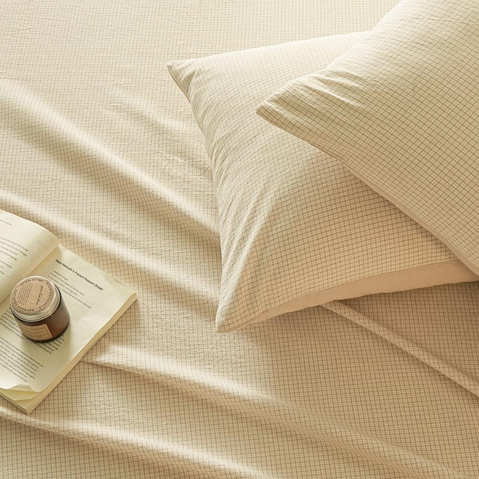 91家纺网 家纺一手货源 找家纺 ab家纺 2025新款简约色织水洗棉床单 可颂-黄