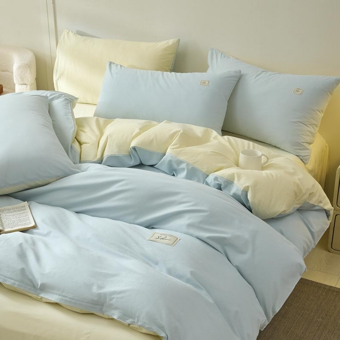 91家纺网 家纺一手货源 找家纺 ab家纺 2025新款色织全棉40支水洗棉四件套--双拼第二组 天空蓝杏黄
