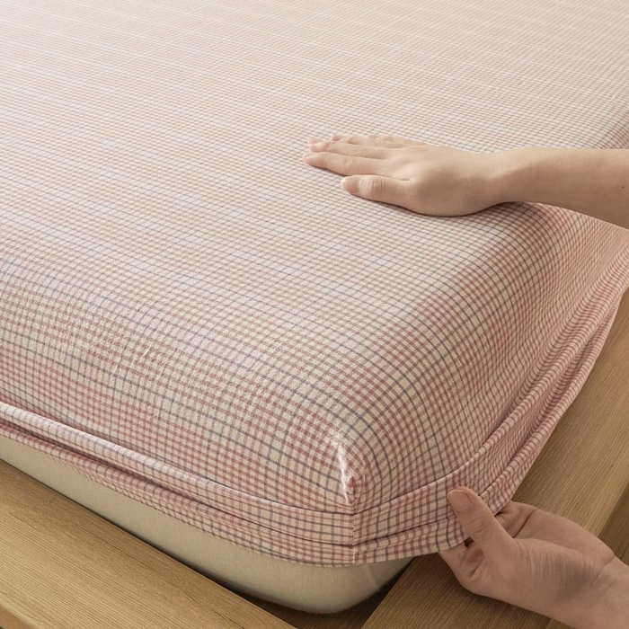 91家纺网 家纺一手货源 找家纺 ab家纺 2025新款简约色织水洗棉床笠 芙卡格-粉