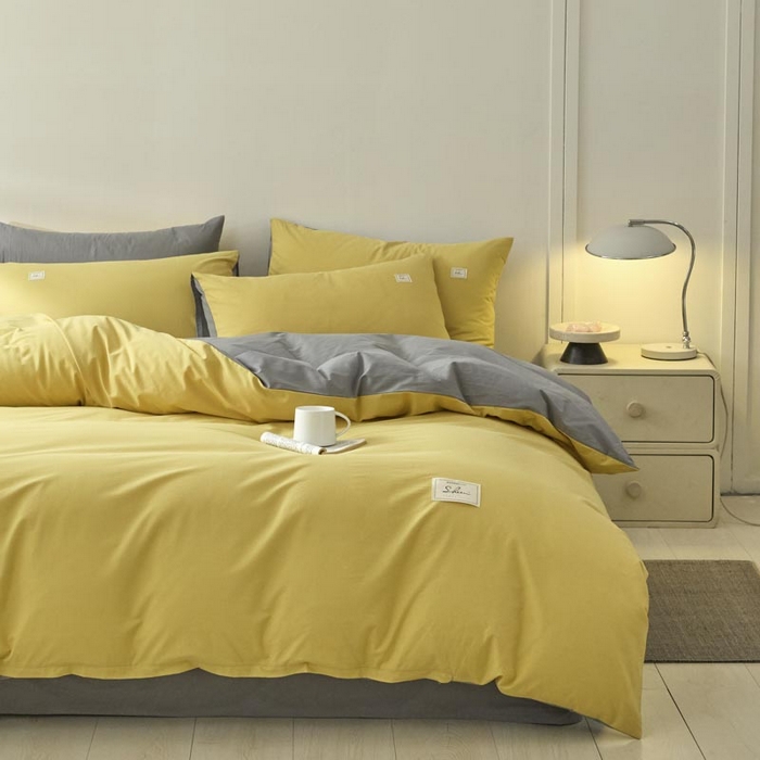 91家纺网 家纺一手货源 找家纺 ab家纺 2025新款色织全棉40支水洗棉四件套--双拼第二组 姜黄深灰