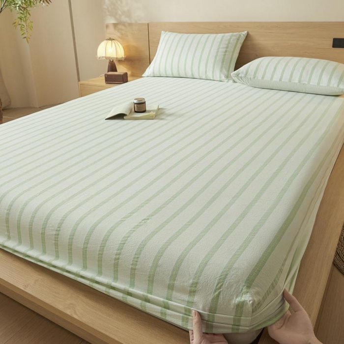 91家纺网 家纺一手货源 找家纺 ab家纺 2025新款简约色织水洗棉床笠 平行线-绿