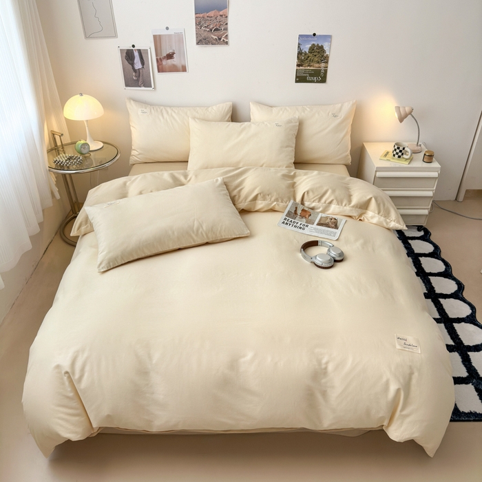 91家纺网 家纺一手货源 找家纺 曼之夏 2025新款全棉双拼四件套 贴标-米色+浅驼