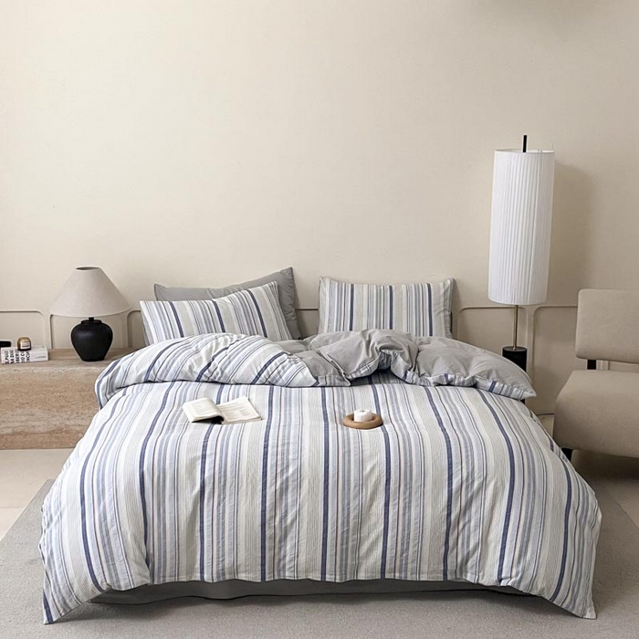 91家纺网 家纺一手货源 找家纺 ab家纺 2024新款色织全棉40支水洗棉条纹四件套  西蒙-蓝