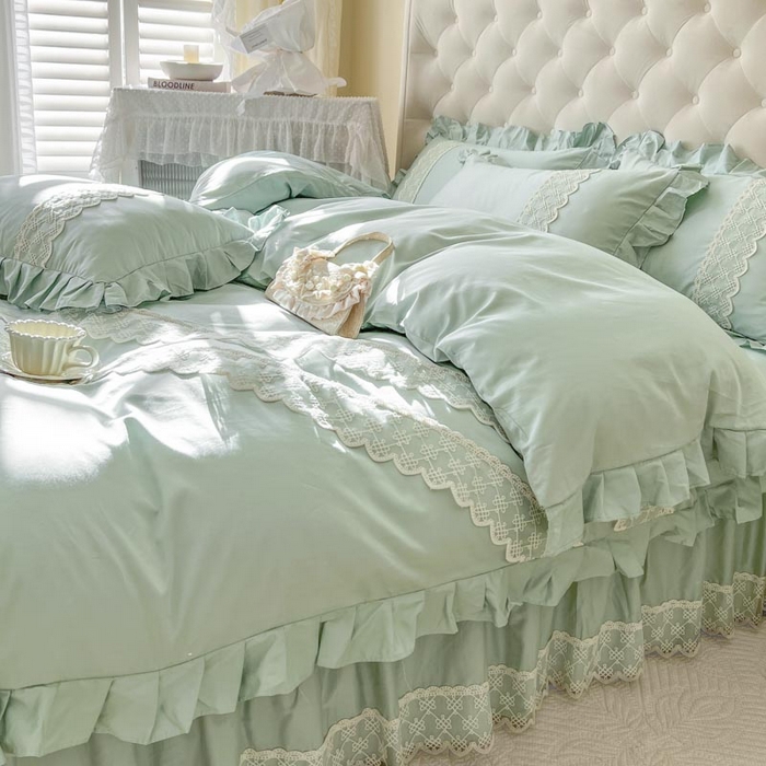 91家纺网 家纺一手货源 找家纺 恋尚 2025新款60贡缎长绒棉床笠裙款四件套-赫朵 赫朵 香草绿