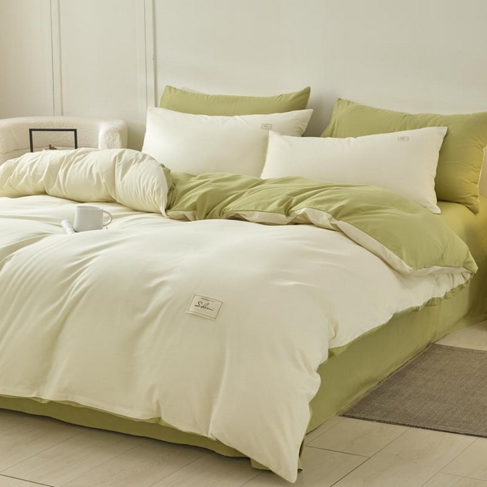 91家纺网 家纺一手货源 找家纺 ab家纺 2025新款色织全棉40支水洗棉四件套--双拼第二组 杏黄橄榄绿