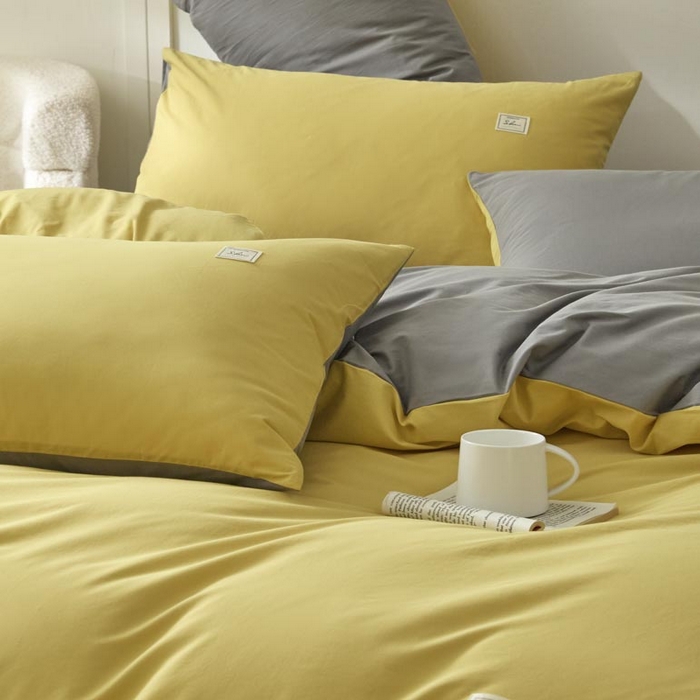 91家纺网 家纺一手货源 找家纺 ab家纺 2025新款色织全棉40支水洗棉四件套--双拼第二组 姜黄深灰