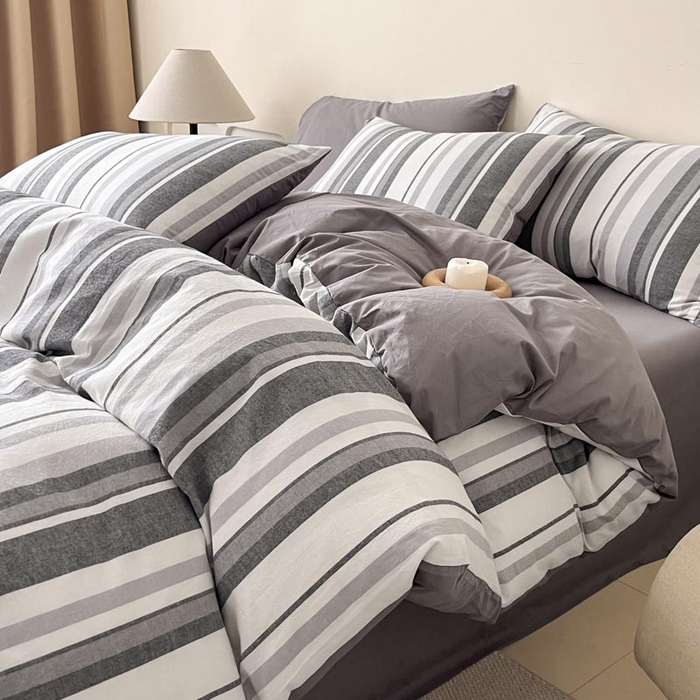 91家纺网 家纺一手货源 找家纺 ab家纺 2024新款色织全棉40支水洗棉条纹四件套  拉菲尔-灰