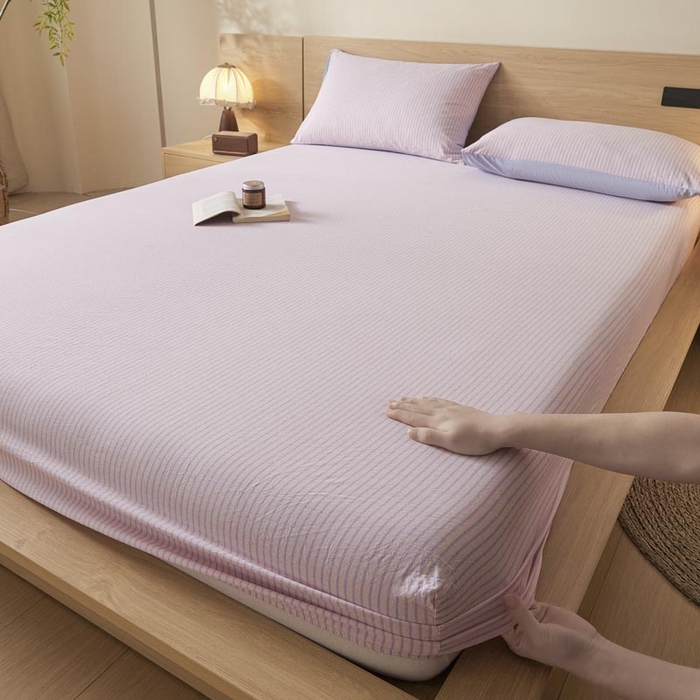 91家纺网 家纺一手货源 找家纺 ab家纺 2025新款简约色织水洗棉床笠 余晖-粉蓝