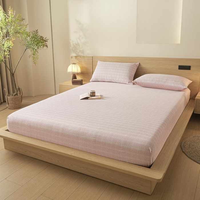 91家纺网 家纺一手货源 找家纺 ab家纺 2025新款简约色织水洗棉床笠 芙卡格-粉