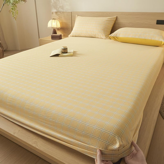 91家纺网 家纺一手货源 找家纺 ab家纺 2025新款简约色织水洗棉床笠 芙卡格-黄